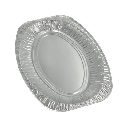 Pojedyncza, pusta taca Starpak 10 do serwowania, aluminiowa owalna od Starpak, jest prezentowana na prostym białym tle. Aluminiowa taca ma lekko podwyższony rant i falistą krawędź, idealna do cateringu lub serwowania jako owalna taca.