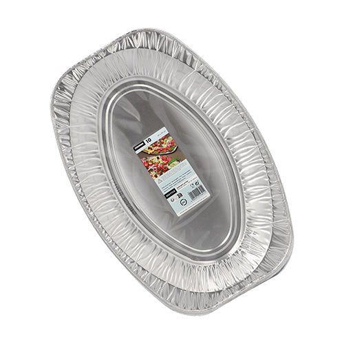 Opakowanie 10 tac Starpak do serwowania, aluminiowych owalnych, ułożonych jedna na drugiej z etykietą z detalami produktu i zdjęciem jedzenia na górnej tacy – idealne na bufety i catering.