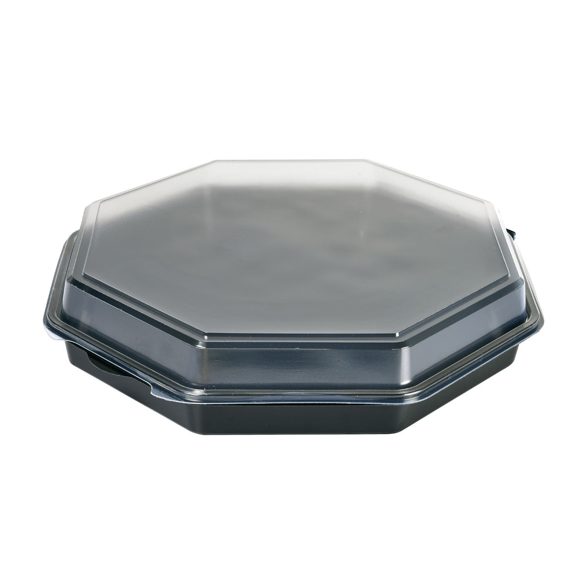 Zamknięty pojemnik na wynos Octaview® Czarny/Przezroczysty PS 305x305x60 firmy Duni GmbH jest przedstawiony na białym tle i ukazuje swoje praktyczne wzornictwo dla opakowań gastronomicznych; opakowanie zawiera 75 sztuk.