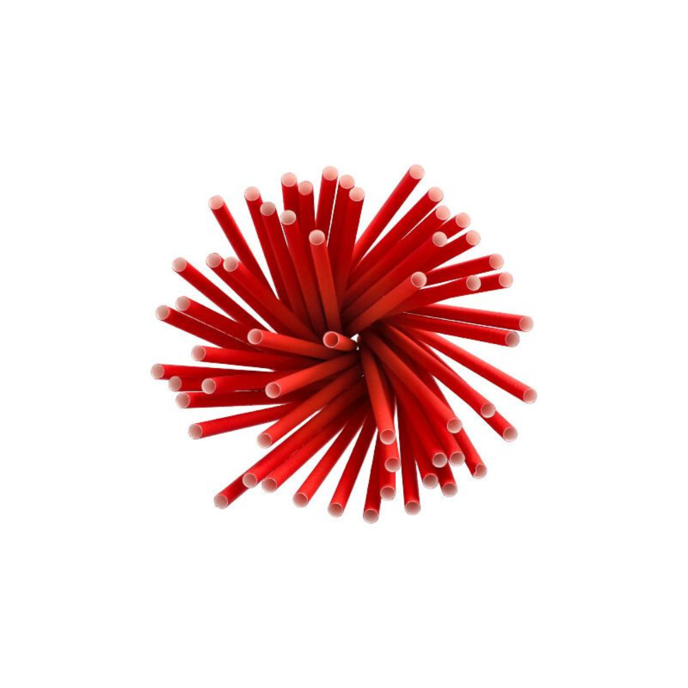 Grupa zrównoważonych czerwonych papierowych słomek marki PAPSTAR do shake'ów o średnicy 8 mm i długości 25 cm jest ułożona w kształcie koła, z białymi końcówkami skierowanymi na zewnątrz.