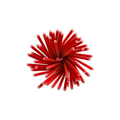 Grupa zrównoważonych czerwonych papierowych słomek marki PAPSTAR do shake'ów o średnicy 8 mm i długości 25 cm jest ułożona w kształcie koła, z białymi końcówkami skierowanymi na zewnątrz.