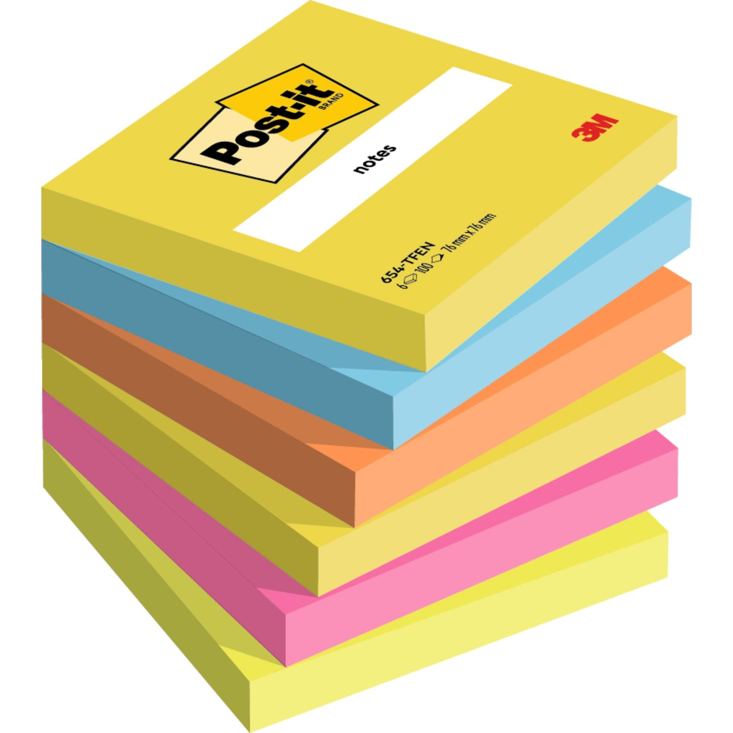 Sześciopak karteczek samoprzylepnych Post-it® Notes 76x76 mm (Energetic Collection) od 3M Deutschland GmbH, z 100 kartkami na blok w różnych kolorach. Wykonane w 100% z papieru certyfikowanego przez PEFC (SGSCH-PEFC-COC-110078) dla zrównoważonego rozwoju.