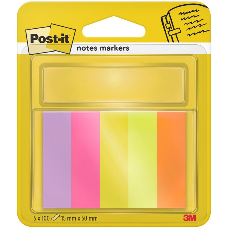 Opakowanie zakładek Post-it® Page Marker (3M Deutschland GmbH), 5 bloczków w różnych kolorach (15 x 50 mm, 100 arkuszy/bloczek), certyfikowane przez PEFC, SGSCH-PEFC-COC-110078, w przezroczystej plastikowej osłonie z żółtym i białym tyłem.