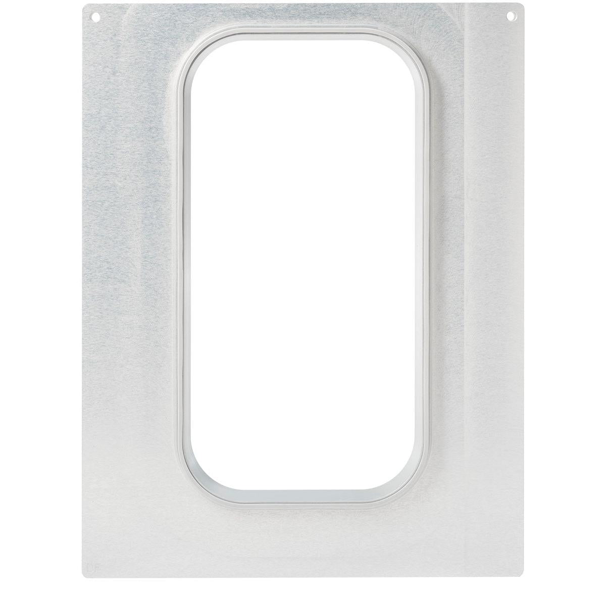 Prostokątna metalowa płyta firmy Duni GmbH z centralnym okrągłym wycięciem i czterema otworami w rogach, idealna jako kaseta DF15/25 dla pojemników CPET o pojemności 2400 ml - rozmiar 1/3 GN dla gastronomii i cateringu.