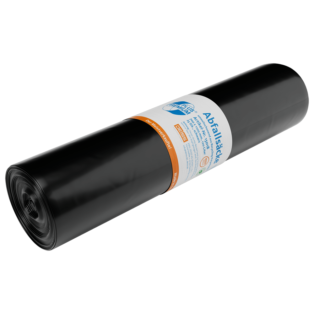 Na zdjęciu jest rolka worków na śmieci DEISS 15018 (700x1100 mm, czarne, 25 sztuk) firmy EMIL DEISS KG (GmbH + Co.) na białym tle - idealne do efektywnej utylizacji odpadów i wyróżnione jako najlepiej sprzedające się worki na odpady.