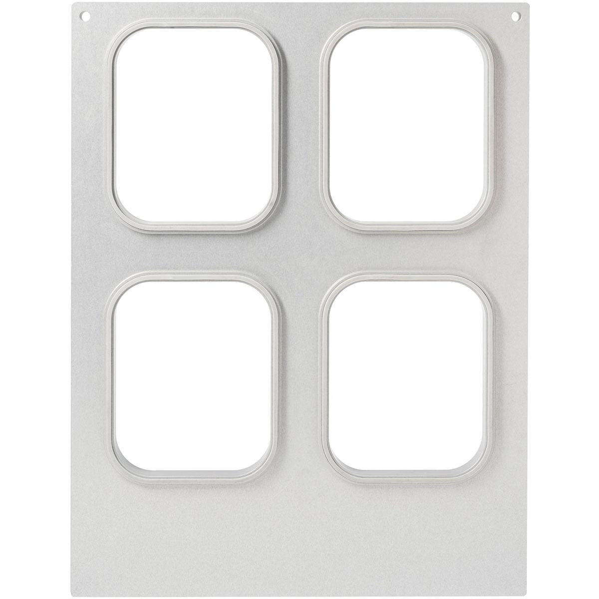 Die Kassette für PP-Schälchen 350-630 ml, 4-nutzig von Duni GmbH ist eine rechteckige Metallschale mit vier abgerundeten Vertiefungen in 2x2 Anordnung und zwei kleinen Löchern an den oberen Ecken zur praktischen Aufbewahrung.