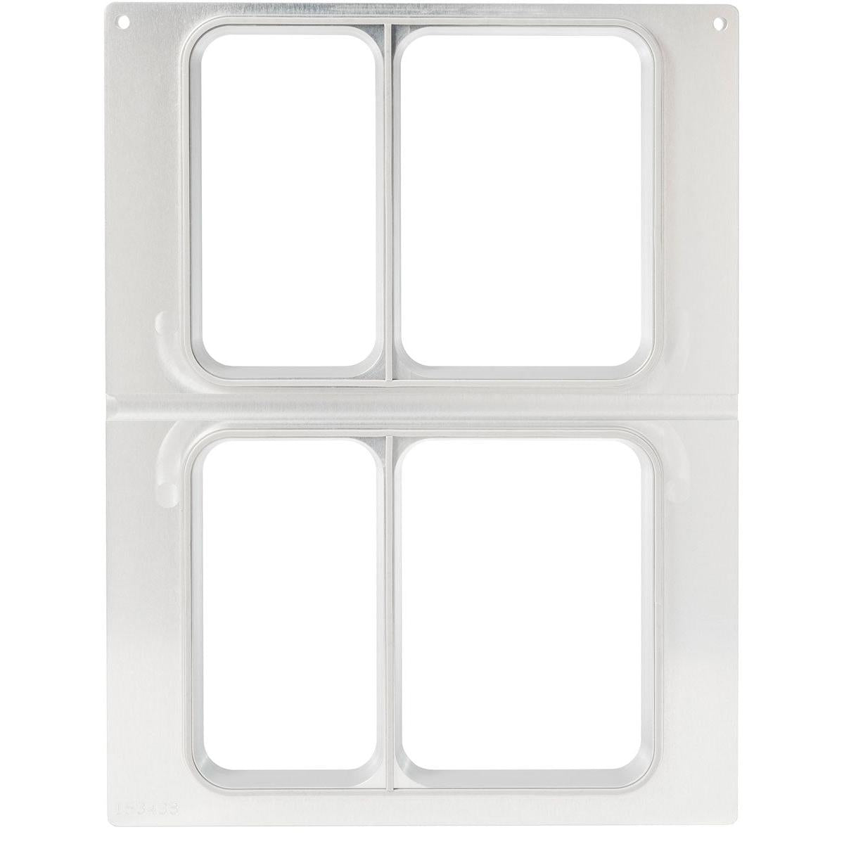 Kaseta DF15/25 firmy Duni GmbH to przezroczysta forma z tworzywa sztucznego z czterema prostokątnymi otworami (2 rzędy), idealna do misek CPET 515/370 ml i 655/455 ml. Każdy otwór ma podwyższone krawędzie, na górze znajdują się dwa małe otwory.