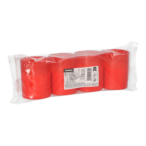 Przezroczyste opakowanie z tworzywa sztucznego zawiera cztery czerwone PAPSTAR znicze "Stundenbrenner" (Ø 5 cm, wysokość 6,5 cm) firmy PAPSTAR GmbH, które na przedniej stronie mają białą etykietę z informacjami o produkcie i kodem kreskowym.