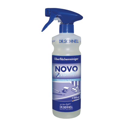 Plastikowa butelka z rozpylaczem z napisem "Dr. Schnell NOVO PEN-OFF specjalny środek czyszczący do powierzchni biurowych" od DR.SCHNELL GmbH & Co. KGaA, z niebieską dyszą i etykietą z instrukcjami czyszczenia oraz ilustracjami biurka, klawiatury i krzesła biurowego.