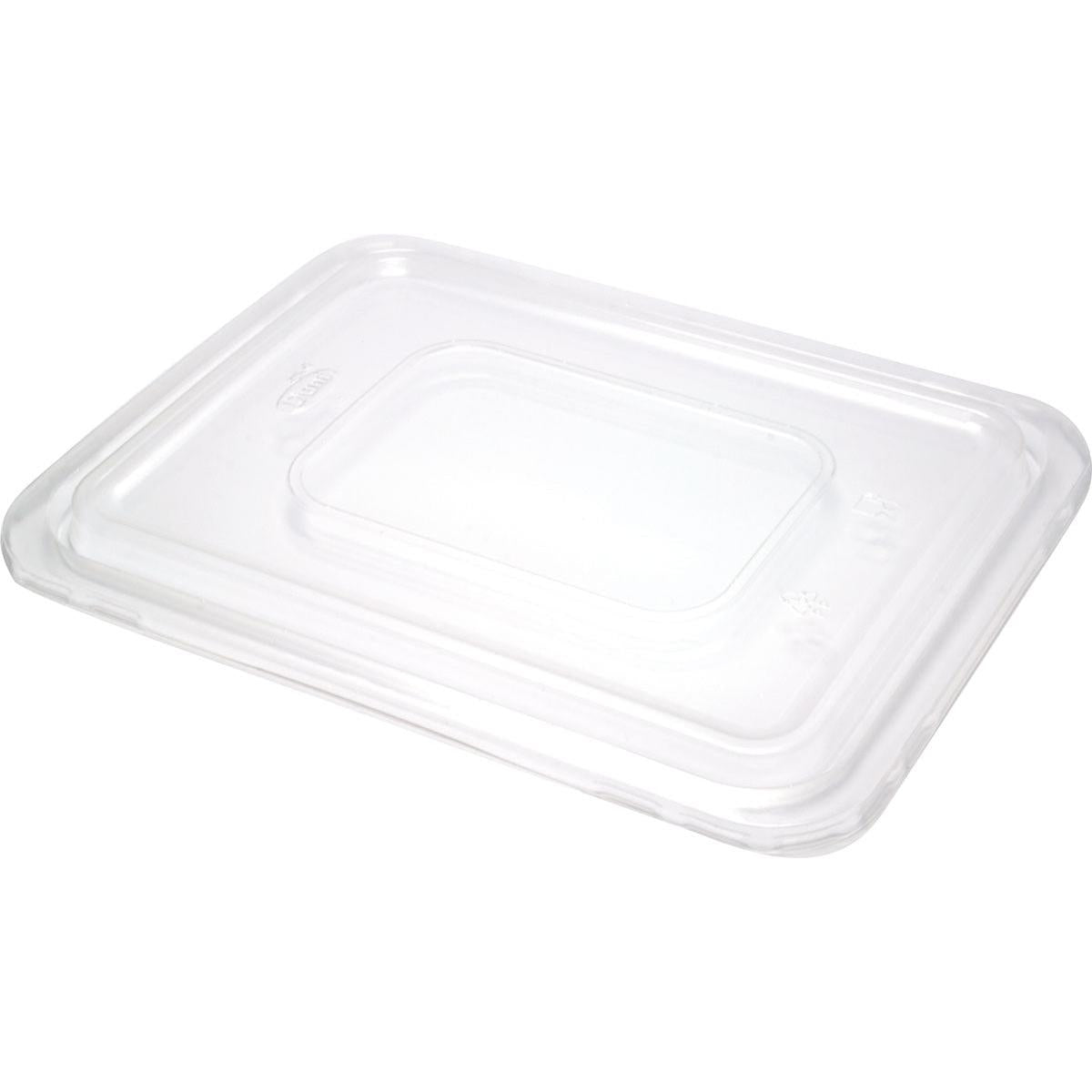 Przezroczysta pokrywa do 151304, 151375 od Duni GmbH (PP, 190x138x14 mm, opakowanie 480 sztuk) jest pokazana na białym tle pod lekkim kątem. Posiada podwyższony środkowy obszar i gładkie krawędzie.