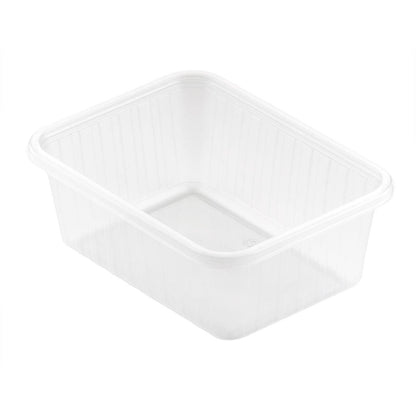 Der Fixpack® rechteckig Transparent PP 146x110mm der Duni GmbH ist eine rechteckige, klare Aufbewahrungsbox mit leicht erhöhten Kanten und glatter Oberfläche. Der leere Behälter steht auf weißem Grund und ist oben offen.