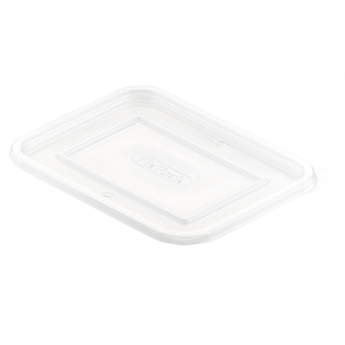Przezroczysta pokrywa PP firmy Duni GmbH (146x110x6 mm) z tłoczeniem "FIX PACK", pasująca do opakowania 159144/159145/160512. Idealna do opakowań spożywczych, opakowanie zawiera 50 sztuk, przedstawione na białym tle.