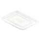 Przezroczysta pokrywa PP firmy Duni GmbH (146x110x6 mm) z tłoczeniem "FIX PACK", pasująca do opakowania 159144/159145/160512. Idealna do opakowań spożywczych, opakowanie zawiera 50 sztuk, przedstawione na białym tle.