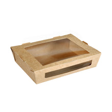 Die Menübox mit PLA-Fenster 1200 ml von Duni GmbH aus braunem Karton (200x155x45 mm), leer fotografiert und teilweise geöffnet auf weißem Hintergrund - eine nachhaltige Verpackung, ideal für umweltbewusste Aufbewahrung.