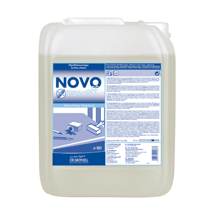 10-litrowy pojemnik z przezroczystego plastiku Dr. Schnell NOVO PEN-OFF specjalnego środka czyszczącego do powierzchni biurowych od DR.SCHNELL GmbH & Co. KGaA z białą pokrywką i niebiesko-białą etykietą do skutecznego usuwania plam.