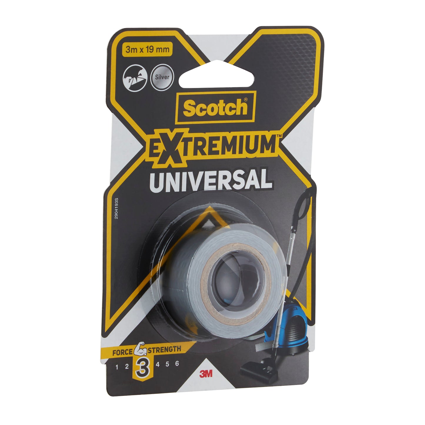 Eine Packung Scotch® Extremium™ Universal Klebeband, 3 m x 19 mm von 3M Deutschland GmbH, in Silber, mit der Aufschrift der Klebebandrolle, der Festigkeitsstufe 3 von 6 und dem 3M Markenlogo am unteren Rand.