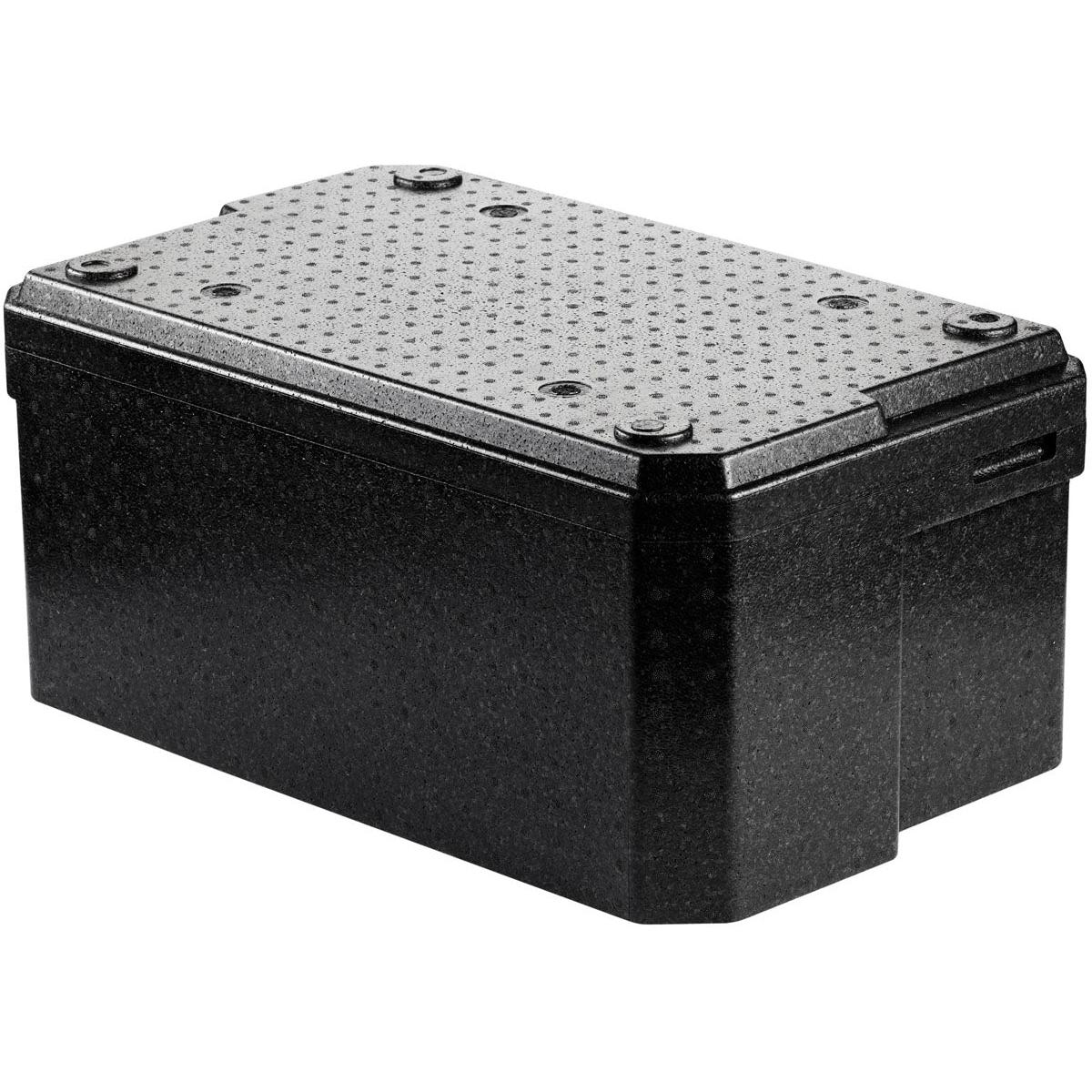 Termobox 1 Schwarz EPP firmy Duni GmbH to czarna, prostokątna plastikowa skrzynka do transportu żywności z teksturowaną, kropkowaną pokrywą z czterema śrubami. Jest prezentowana na białym tle.
