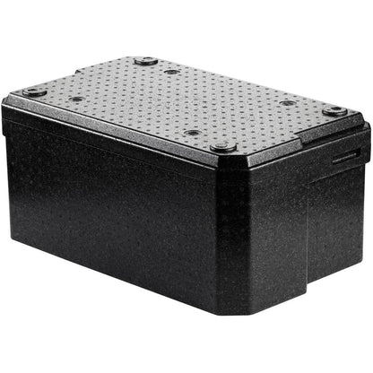 Termobox 1 Schwarz EPP firmy Duni GmbH to czarna, prostokątna plastikowa skrzynka do transportu żywności z teksturowaną, kropkowaną pokrywą z czterema śrubami. Jest prezentowana na białym tle.