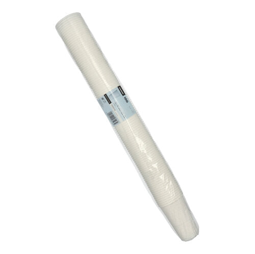 Ein versiegelter Stapel Starpak 100 Trinkbecher aus weißem PP, umhüllt von klarer Plastikfolie mit mittigem Barcode-Etikett – ideal für Events.