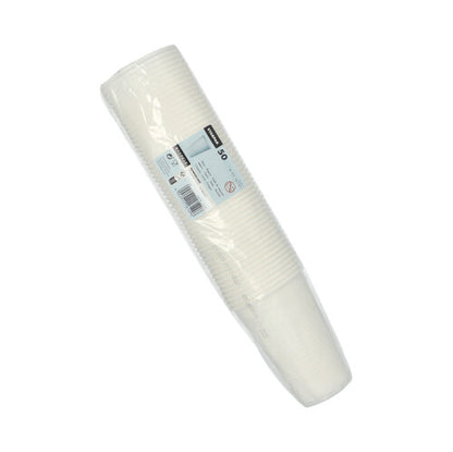 Stos 50 białych kubków Starpak 0,5L PP z tworzywa sztucznego (Ø 9,5 cm · 13,7 cm) z piankowym brzegiem i informacjami o produkcie na prostokątnej etykiecie, która jest przymocowana do opakowania.