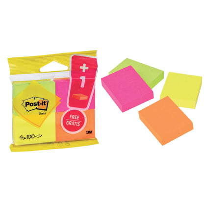 Opakowanie karteczek samoprzylepnych Post-it® firmy 3M Deutschland GmbH zawiera 4 bloki (38 x 51 mm) w różnych neonowych kolorach, z 3 widocznymi luźnymi karteczkami w kolorze różowym, pomarańczowym i żółtym. Każdy blok ma 100 arkuszy; jeden blok otrzymasz gratis. Wykonane z papieru z certyfikatem PEFC.
