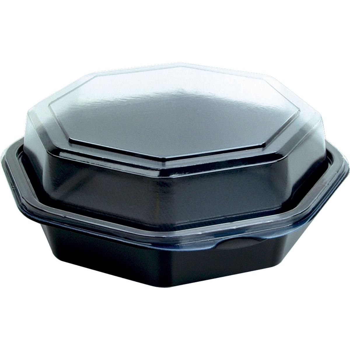 Czarny, zamknięty pojemnik Octaview® (Duni GmbH, PS 160x160x60 mm, opakowanie 20 sztuk) z przezroczystą pokrywą jest widoczny na białym tle; idealny do przechowywania małych przedmiotów i wygląda na pusty.