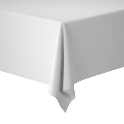 Obrus Evolin firmy Duni GmbH o wymiarach 127 x 180 cm w eleganckim lnianym wyglądzie jest drapowany przez róg prostokątnego stołu i stoi na białym tle.