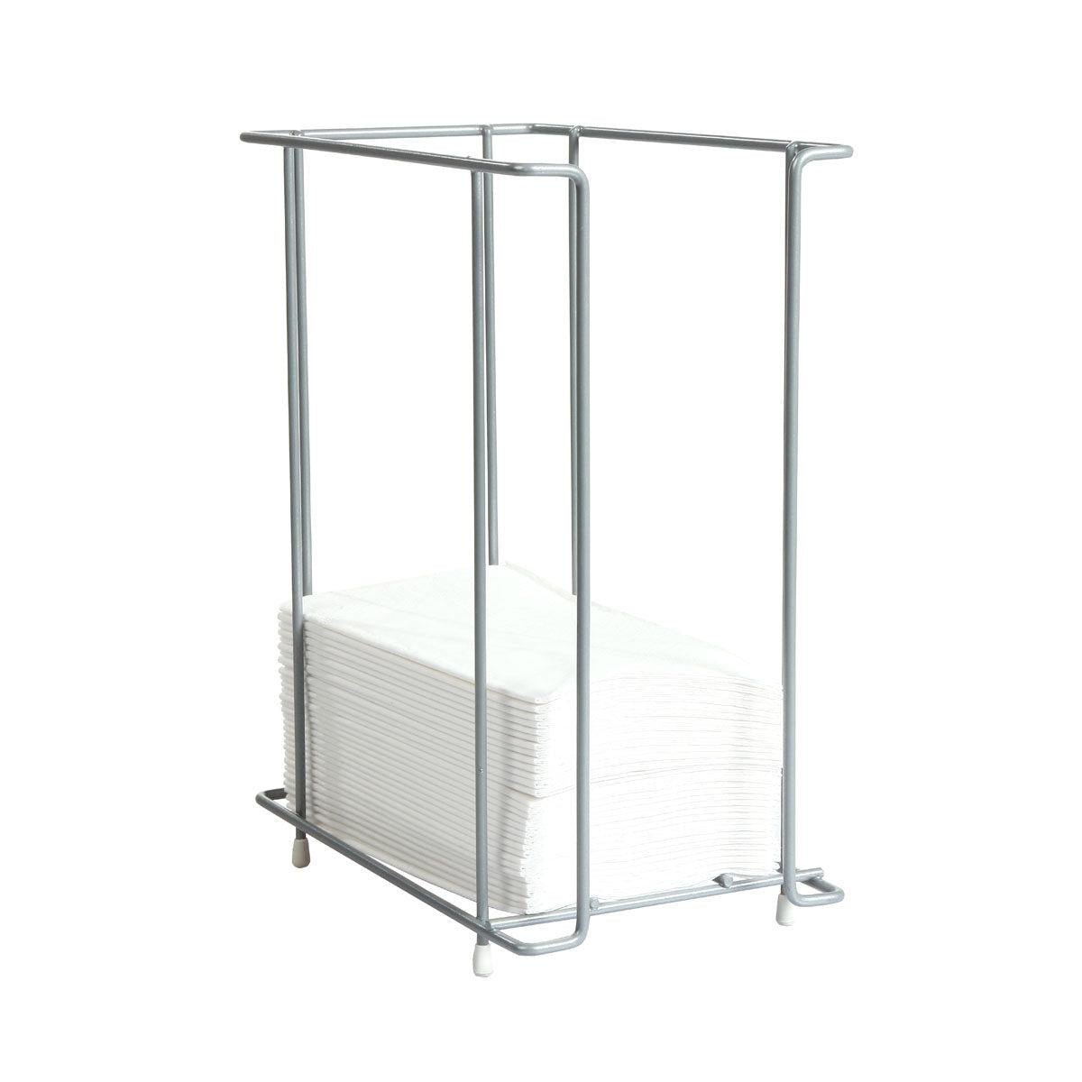 Metalowy dozownik na serwetki o wysokości 24 cm na serwetki 1/4F od Duni GmbH to elegancki, prostokątny, otwarty dozownik z czterema białymi nóżkami, który mieści stos serwetek.