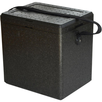 Termobox 1 Schwarz EPP firmy Duni GmbH to czarna, prostokątna skrzynka z teksturowaną powierzchnią, pokrywą i bocznym paskiem do przenoszenia - idealna jako izolacyjna skrzynka gastronomiczna lub skrzynka do transportu żywności.