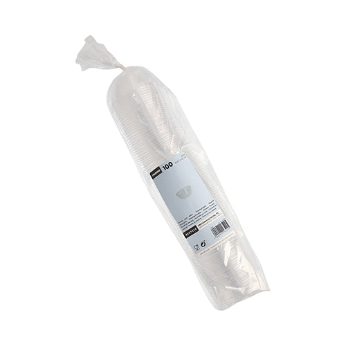 Zapieczętowane opakowanie z tworzywa sztucznego zawierające 100 przezroczystych miseczek do sosów Starpak, PS, okrągłe, 50 ml (Ø 6,7 cm x 2,7 cm), ułożone w stos z biało-niebieską etykietą – idealne do zastosowania w gastronomii lub jako miseczki do sosów.