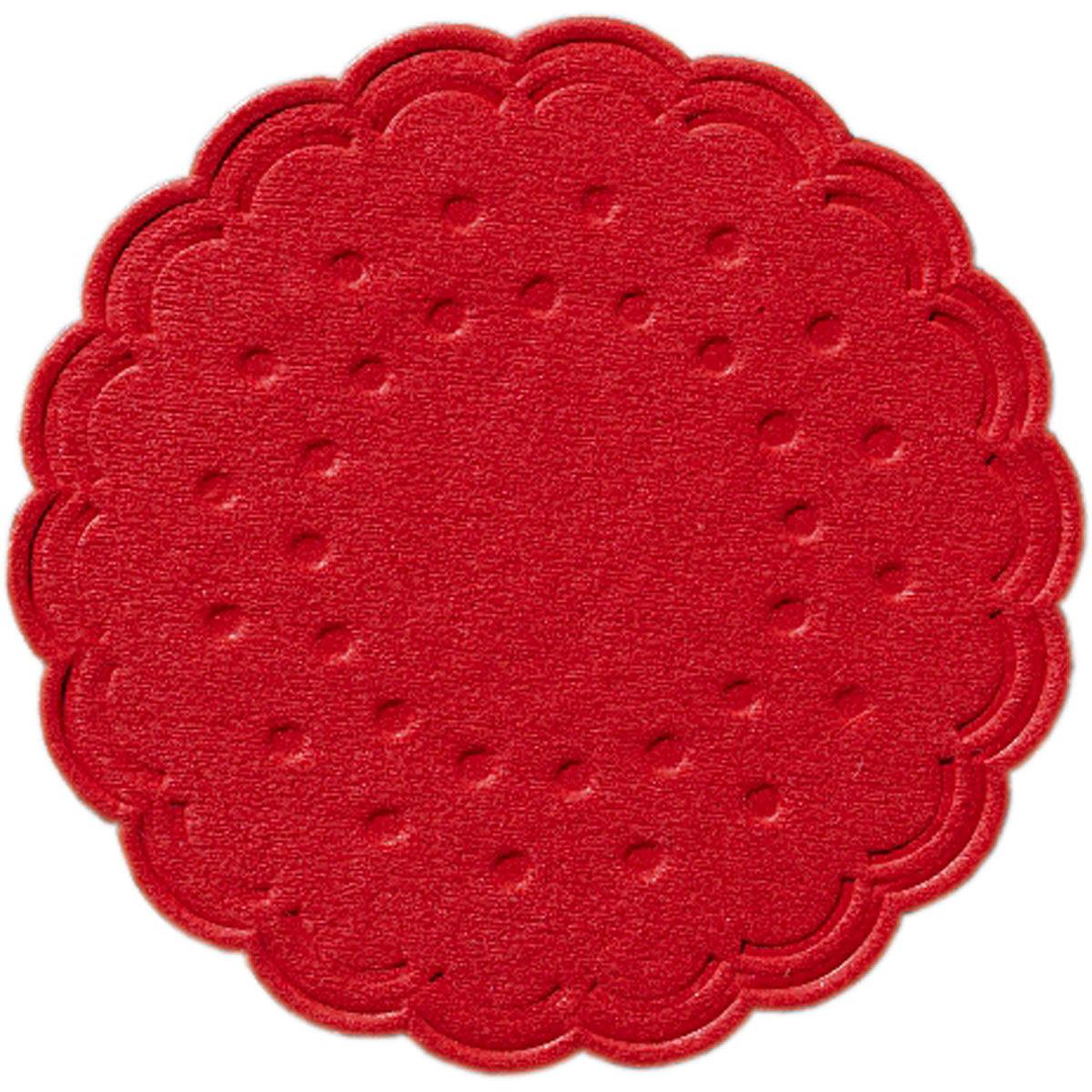 Płaski, okrągły, czerwony podkładka pod filiżankę (Ø 7,5 cm) firmy Duni GmbH z falistymi brzegami i symetrycznym wzorem, tutaj na białym tle. Dostępny w zestawach po 8 lub w opakowaniach po 250 sztuk na napoje.