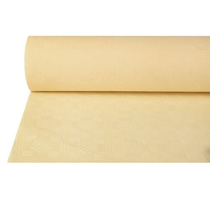Na białym tle widoczna jest częściowo rozwinięta papierowa serwetka z wytłoczonym wzorem adamaszku (50 m x 1 m) należąca do PAPSTAR Przedstawiono spółkę z ograniczoną odpowiedzialnością w jasnożółtym kolorze z dyskretnym wytłoczeniem w kratkę.