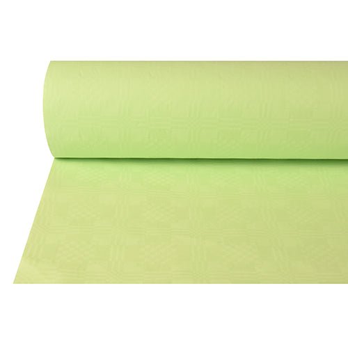 Częściowo rozwinięty PAPSTAR Papierowa serwetka z wytłoczonym wzorem adamaszku (50 m x 1 m, PAPSTAR GmbH) w jasnozielonym kolorze charakteryzuje się gładką powierzchnią z dyskretnym wzorem – idealną na uroczyste okazje. Tło jest białe.