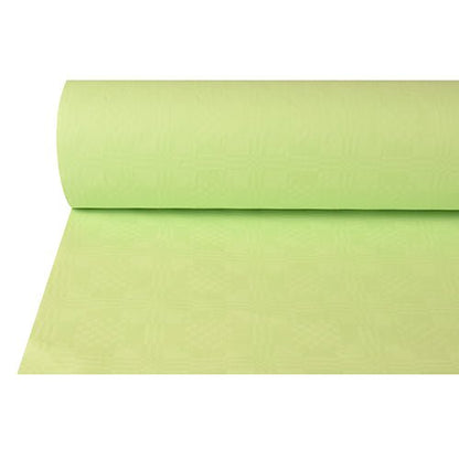 Częściowo rozwinięty PAPSTAR Papierowa serwetka z wytłoczonym wzorem adamaszku (50 m x 1 m, PAPSTAR GmbH) w jasnozielonym kolorze charakteryzuje się gładką powierzchnią z dyskretnym wzorem – idealną na uroczyste okazje. Tło jest białe.