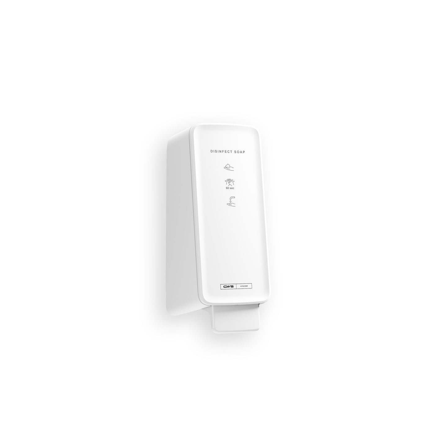 Biały, ścienny dozownik z napisem "Disinfect Soap" wydziela piankę dezynfekującą CWS PureLine Disinfect Foam (1 sztuka) dla skutecznej dezynfekcji. Posiada proste symbole użytkowania i prostokątny przycisk na dole na jednolitym białym tle.