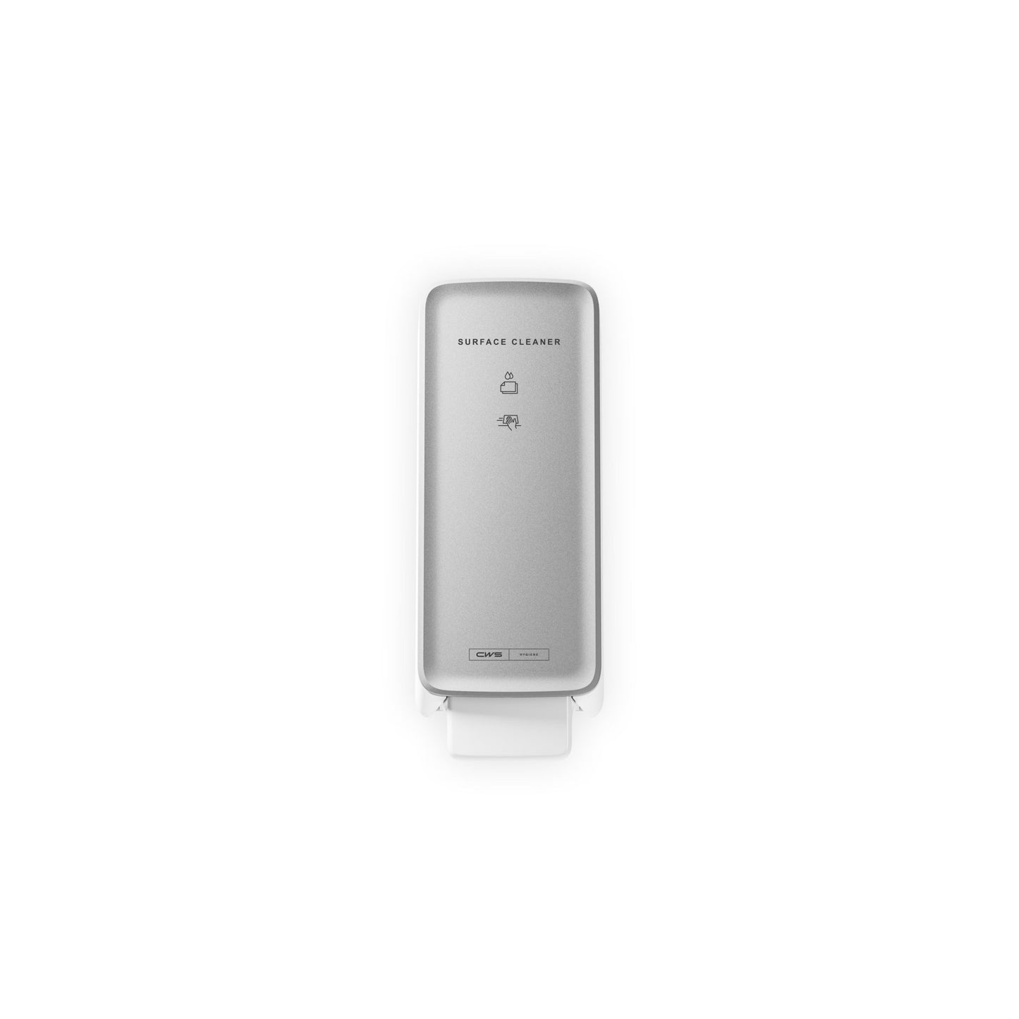 Panel przedni CWS PureLine do dozownika Surface Cleaner/NT od CWS, z wyraźnymi ikonami i tekstem dla higienicznego rozwiązania, jest przedstawiony na prostym białym tle.