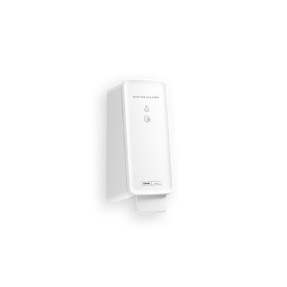 Ein weißer, wandmontierter CWS PureLine Surface Cleaner Toilettenspender mit rechteckigem, minimalistischem Design zeigt "Surface Cleaner", einfache Symbole und betont die hygienische Reinigung durch CWS für eine effektive Bakterienentfernung in jedem Raum.