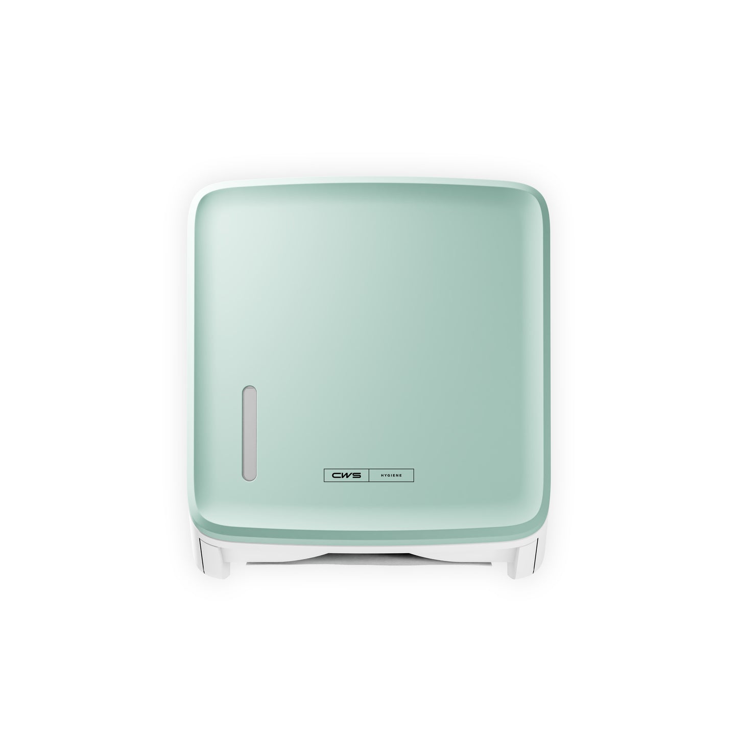 Kwadratowy, montowany na ścianie miętowy panel przedni CWS PureLine dla dozownika papieru CWS ma małe owalne okienko i logo CMS na przedniej stronie, przedstawione na białym tle.
