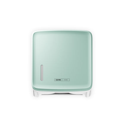 Kwadratowy, montowany na ścianie miętowy panel przedni CWS PureLine dla dozownika papieru CWS ma małe owalne okienko i logo CMS na przedniej stronie, przedstawione na białym tle.