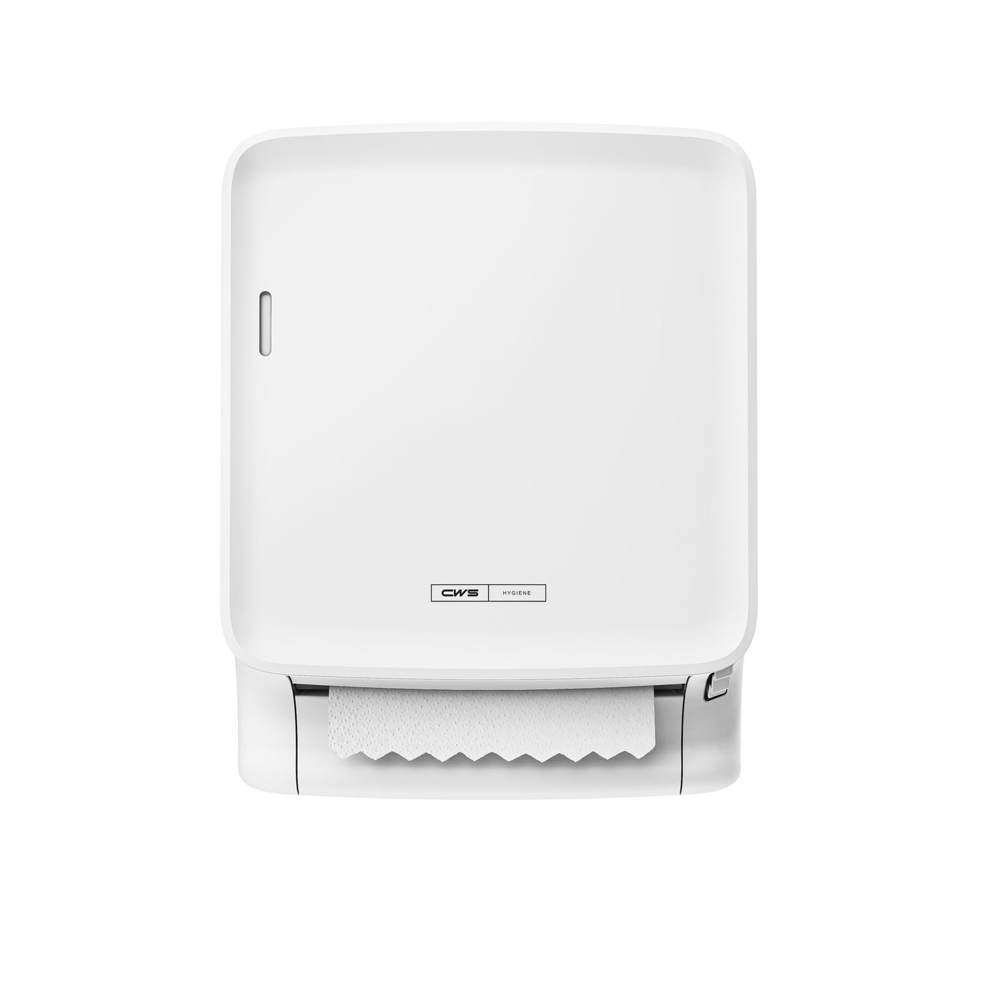 CWS PureLine Paperroll | Opakowanie (1 sztuka) od CWS to biały, montowany na ścianie dozownik z widocznym ręcznikiem papierowym, stojący na jednolitym tle - idealny do higienicznych i przyjaznych dla środowiska miejsc.