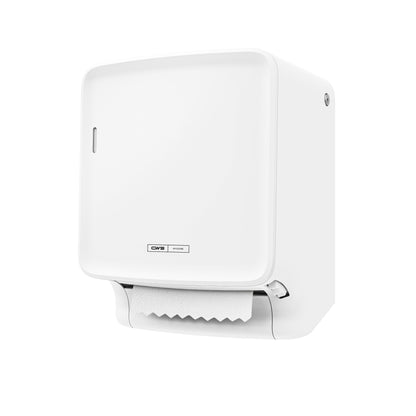 CWS PureLine Paperroll | Opakowanie (1 sztuka) od CWS to biały dozownik ścienny, który wydaje ręcznik papierowy, izolowany na prostym białym tle - idealny do ekologicznych wymagań higienicznych.