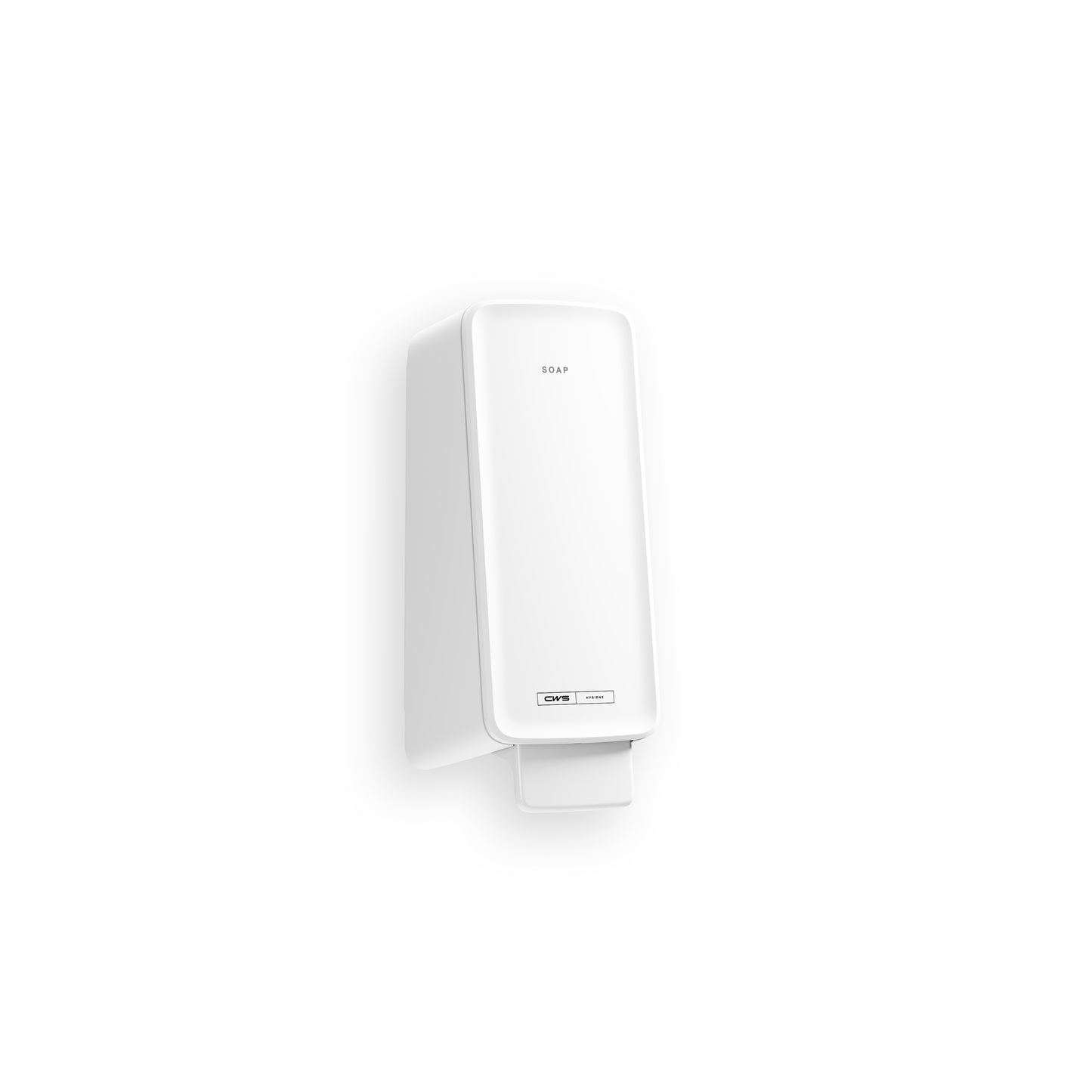 Biały, montowany na ścianie dozownik mydła CWS PureLine Cream o prostokątnym kształcie, z etykietą "SOAP" na górze i dźwignią naciskową na dole. Idealny do dozowania kremowego mydła CWS PureLine Cream. Jednolicie biały tło.
