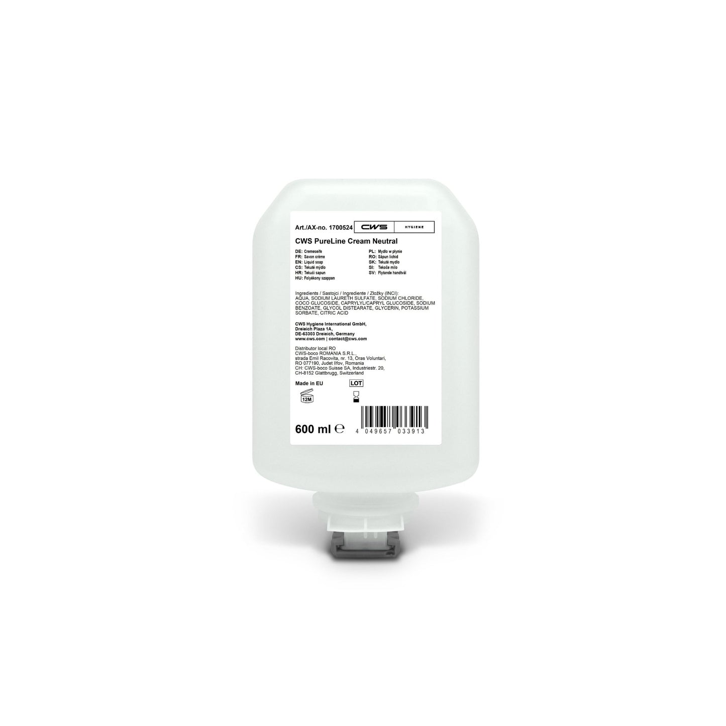 Butelka CWS PureLine Cream Neutral o pojemności 600 ml została opracowana z myślą o codziennym stosowaniu na skórę wrażliwą i jest opatrzona białą etykietą zawierającą składniki oraz informacje o produkcie, a także posiada przezroczysty zamknięcie na dnie.