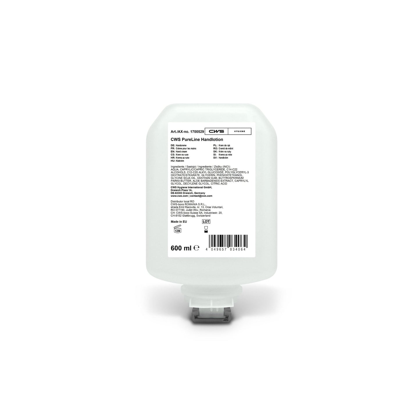 Butelka balsamu do rąk CWS PureLine o pojemności 600 ml firmy CWS posiada białą etykietę z informacjami o produkcie, składnikami, wskazówkami dotyczącymi stosowania oraz danymi producenta, nadrukowanymi czarną czcionką. Butelka wyposażona jest w dozownik umieszczony u podstawy. Zawiera pantenol i witaminę E, które zapewniają nawilżającą pielęgnację.