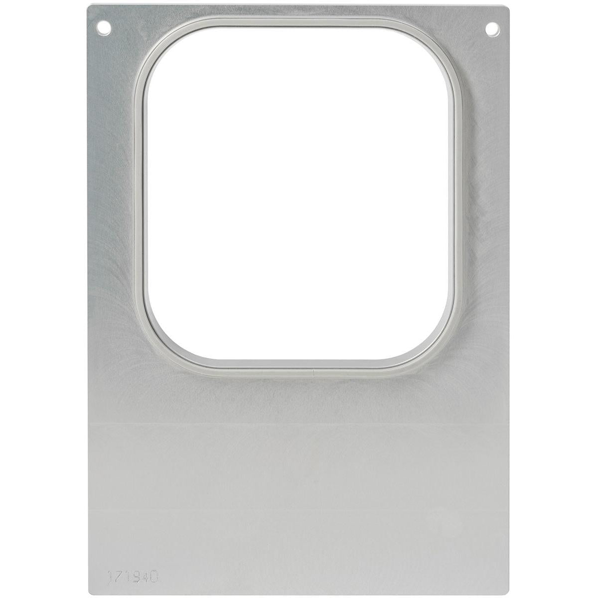 Kaseta DF10/20 firmy Duni GmbH to kwadratowa metalowa rama z zaokrąglonymi krawędziami, przymocowana do gładkiej prostokątnej płyty z dwoma otworami - idealna do przechowywania żywności i kompatybilna z pojemnikami PP 1/6 GN o pojemności 1000, 1600 ml.