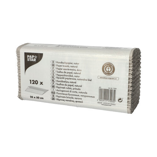 Eine rechteckige Packung PAPSTAR Handtuchpapier C-Falz, 50x25 cm, natur, 1-lagig, enthält 120 Blatt aus 100% Recyclingpapier. Auf der Verpackung sind Produktinformationen und Abmessungen in mehreren Sprachen angegeben. Marke: PAPSTAR GmbH.