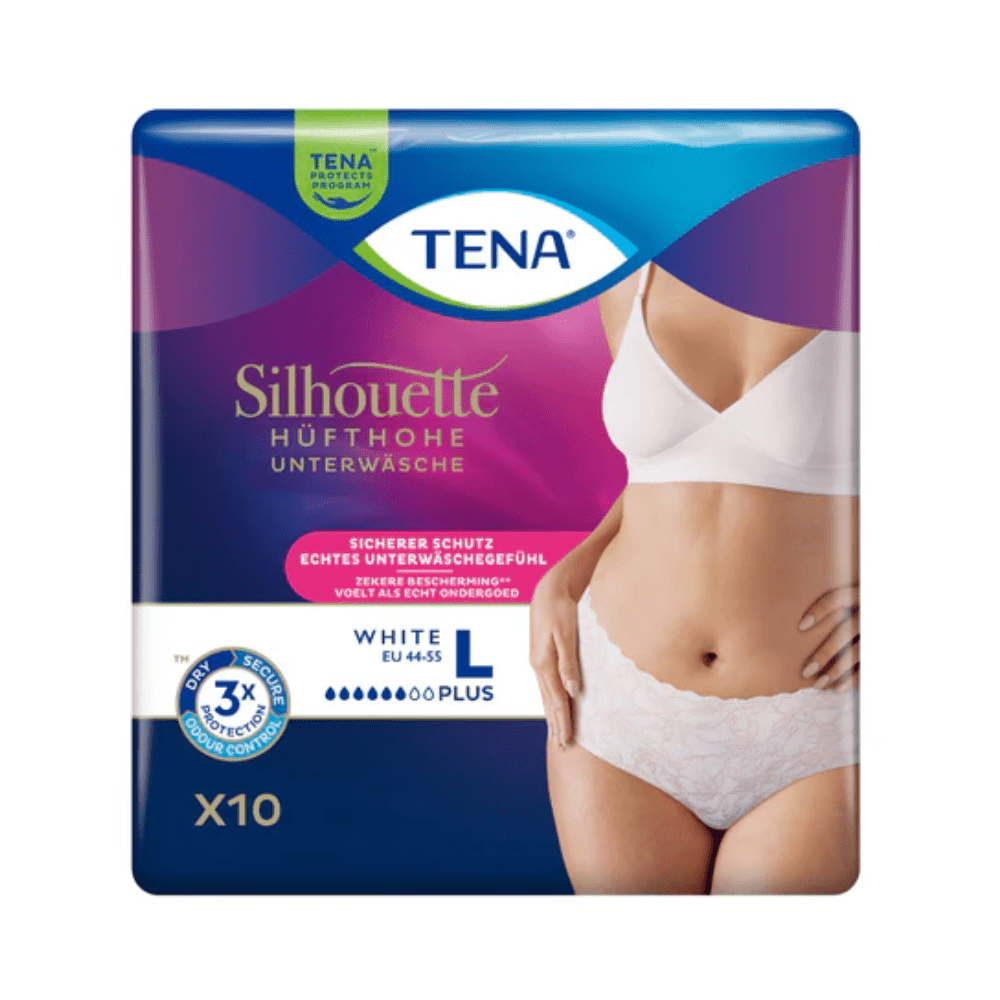 Na opakowaniu majtek na nietrzymanie moczu TENA Silhouette Plus White, rozmiar L, firmy TENA – Essity Germany GmbH, widnieje wizerunek kobiety prezentującej ten produkt. Fioletowo-niebieskie opakowanie z napisami w języku niemieckim wskazuje, że produkt służy do ochrony przed nietrzymaniem moczu, a opakowanie zawiera 10 sztuk.