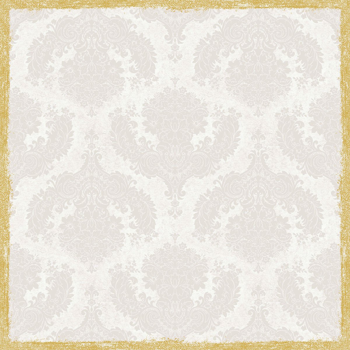 Jasnoszare tło damasceńskie z ozdobnymi, symetrycznymi motywami kwiatowymi jest idealne do dekoracji stołu z obrusem Dunisilk+ 84x84 cm w kolorze Royal White (opakowanie 20 sztuk) od Duni GmbH. Obraz jest ozdobiony teksturowaną, nieregularną złotą ramką.