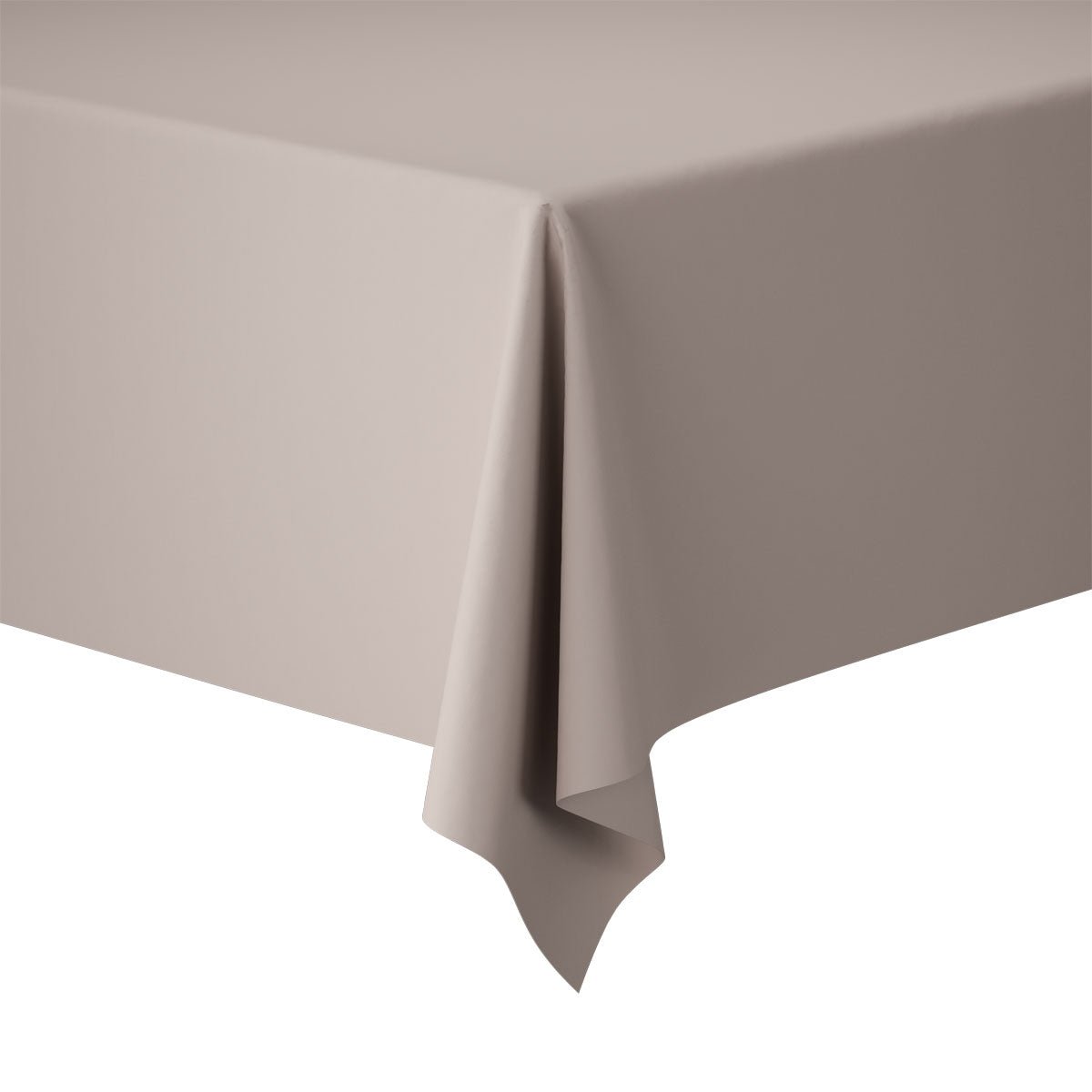 Zbliżenie na prostokątny stół z obrusami Evolin o wymiarach 127 x 180 cm firmy Duni GmbH w eleganckim lnianym wyglądzie, gładko drapowanymi przez róg, na prostym białym tle.