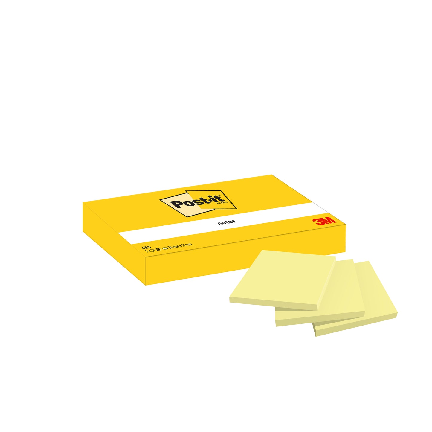 Żółte pudełko z notatkami Post-it® (38 x 51 mm, żółte) firmy 3M Deutschland GmbH z trzema blokami na przedzie. Zawiera 12 bloków/opakowanie (100 kartek/blok), w kartonowym opakowaniu, certyfikowane przez PEFC - idealne wyposażenie biurowe do notatek i przypomnień.
